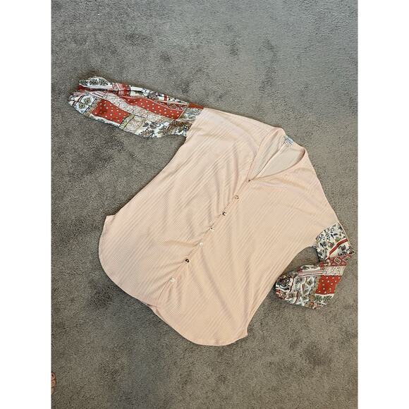 White Birch Tops - White Birch Button Down Patchwork Blouse Top Size Small Peach Pink Made In USA